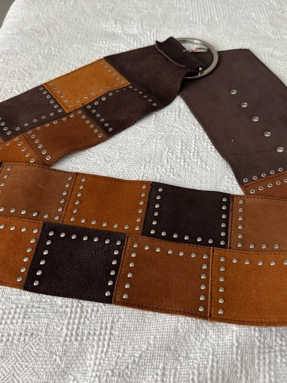 Michael Kors Studded Patchwork Wide Leather Belt - Brown & Tan